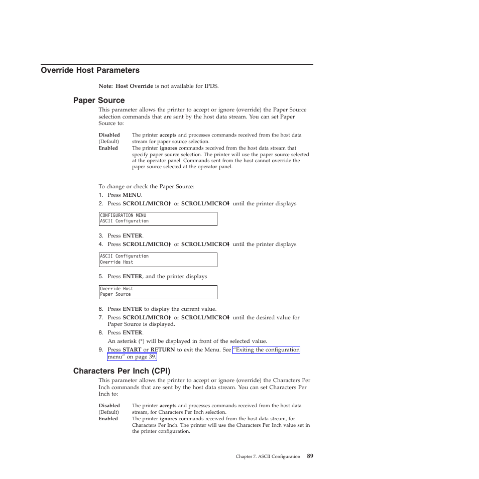 Override host parameters, Paper source, Characters per inch (cpi) | Compuprint 4247-Z03 User Manual | Page 105 / 204