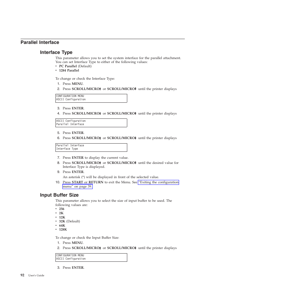 Parallel interface, Interface type, Input buffer size | Parallel interface interface type | Compuprint 4247-Z03 User Manual | Page 108 / 204