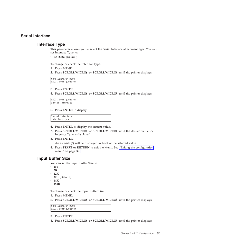 Serial interface, Interface type, Input buffer size | Serial interface interface type | Compuprint 4247-Z03 User Manual | Page 111 / 204