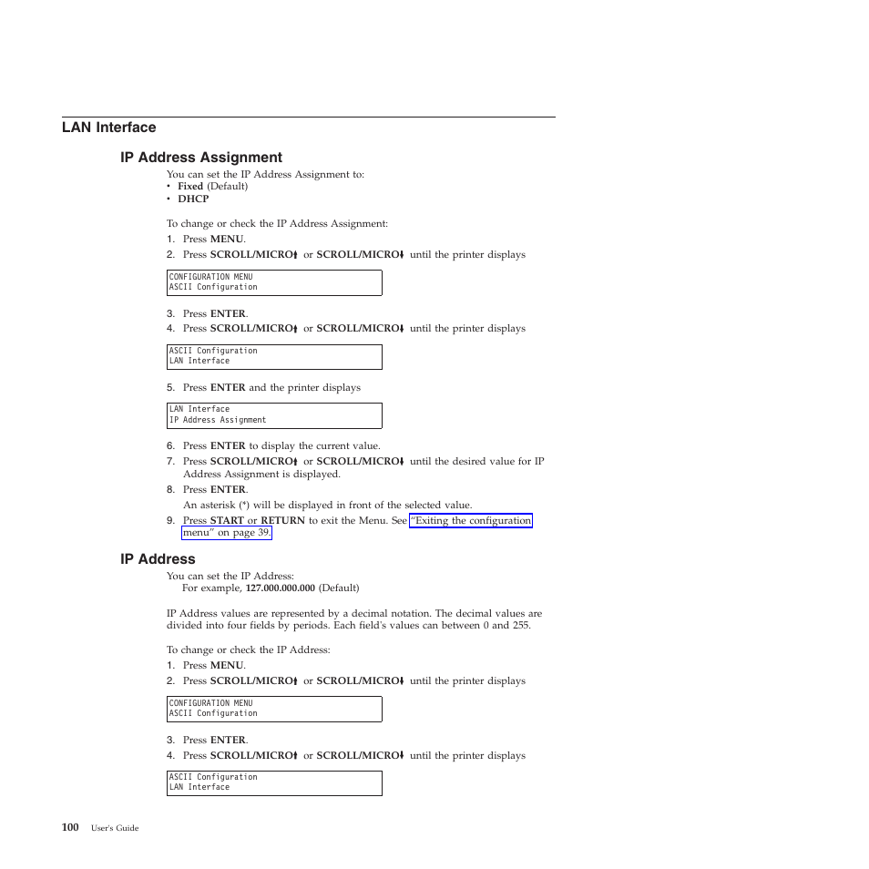 Lan interface, Ip address assignment, Ip address | Lan interface ip address assignment | Compuprint 4247-Z03 User Manual | Page 116 / 204