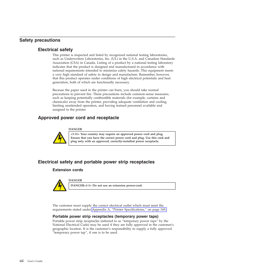 Safety precautions, Electrical safety, Approved power cord and receptacle | Extension cords | Compuprint 4247-Z03 User Manual | Page 12 / 204