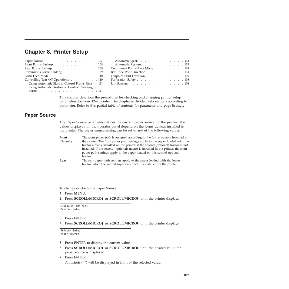 Chapter 8. printer setup, Paper source, Chapter 8, “printer setup | Compuprint 4247-Z03 User Manual | Page 123 / 204