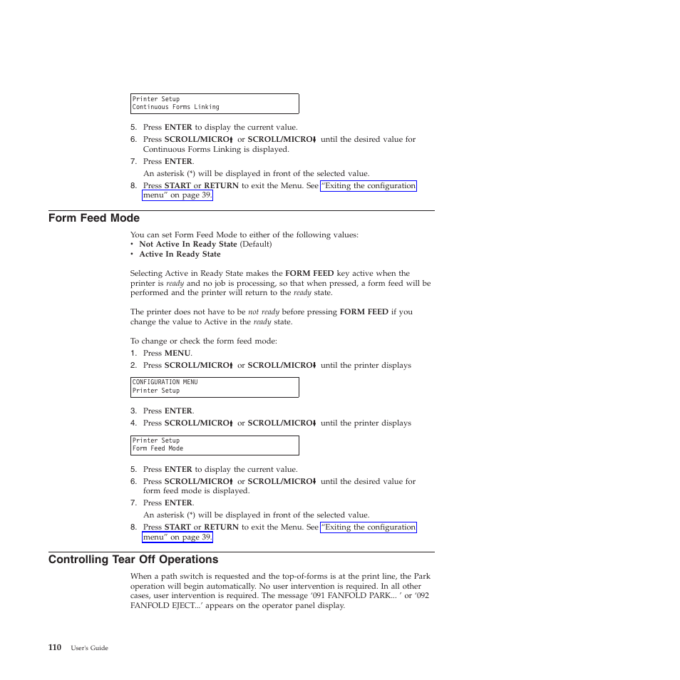 Form feed mode, Controlling tear off operations | Compuprint 4247-Z03 User Manual | Page 126 / 204