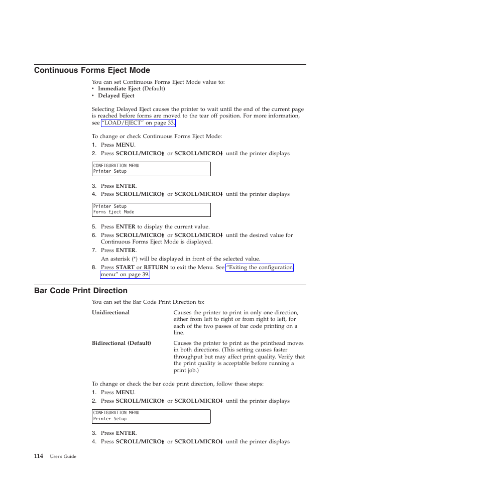 Continuous forms eject mode, Bar code print direction | Compuprint 4247-Z03 User Manual | Page 130 / 204