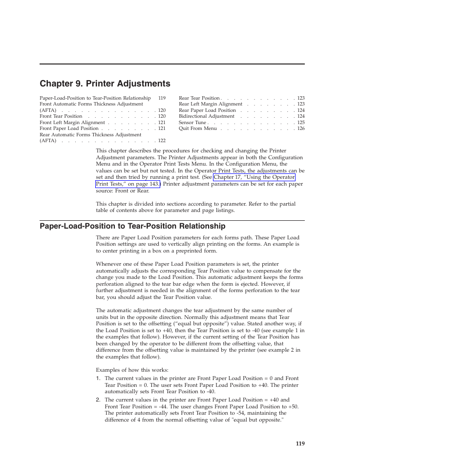 Chapter 9. printer adjustments, Paper-load-position to tear-position relationship, Chapter 9, “printer adjustments | Compuprint 4247-Z03 User Manual | Page 135 / 204