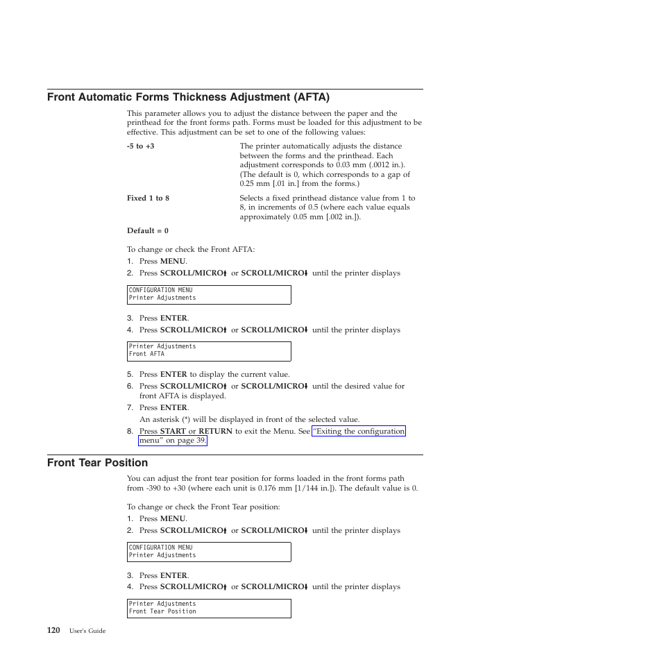 Front automatic forms thickness adjustment (afta), Front tear position | Compuprint 4247-Z03 User Manual | Page 136 / 204