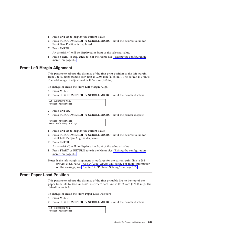 Front left margin alignment, Front paper load position | Compuprint 4247-Z03 User Manual | Page 137 / 204