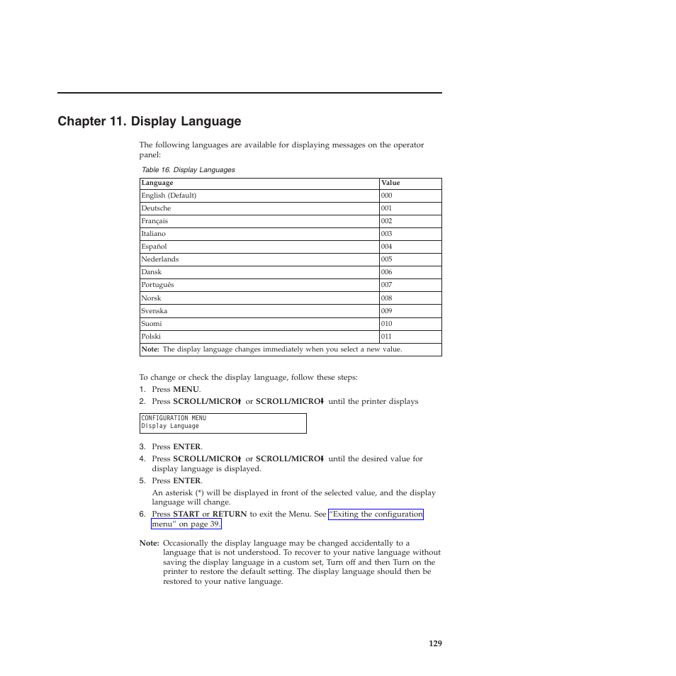 Chapter 11. display language, Display languages, Chapter 11, “display language | Compuprint 4247-Z03 User Manual | Page 145 / 204