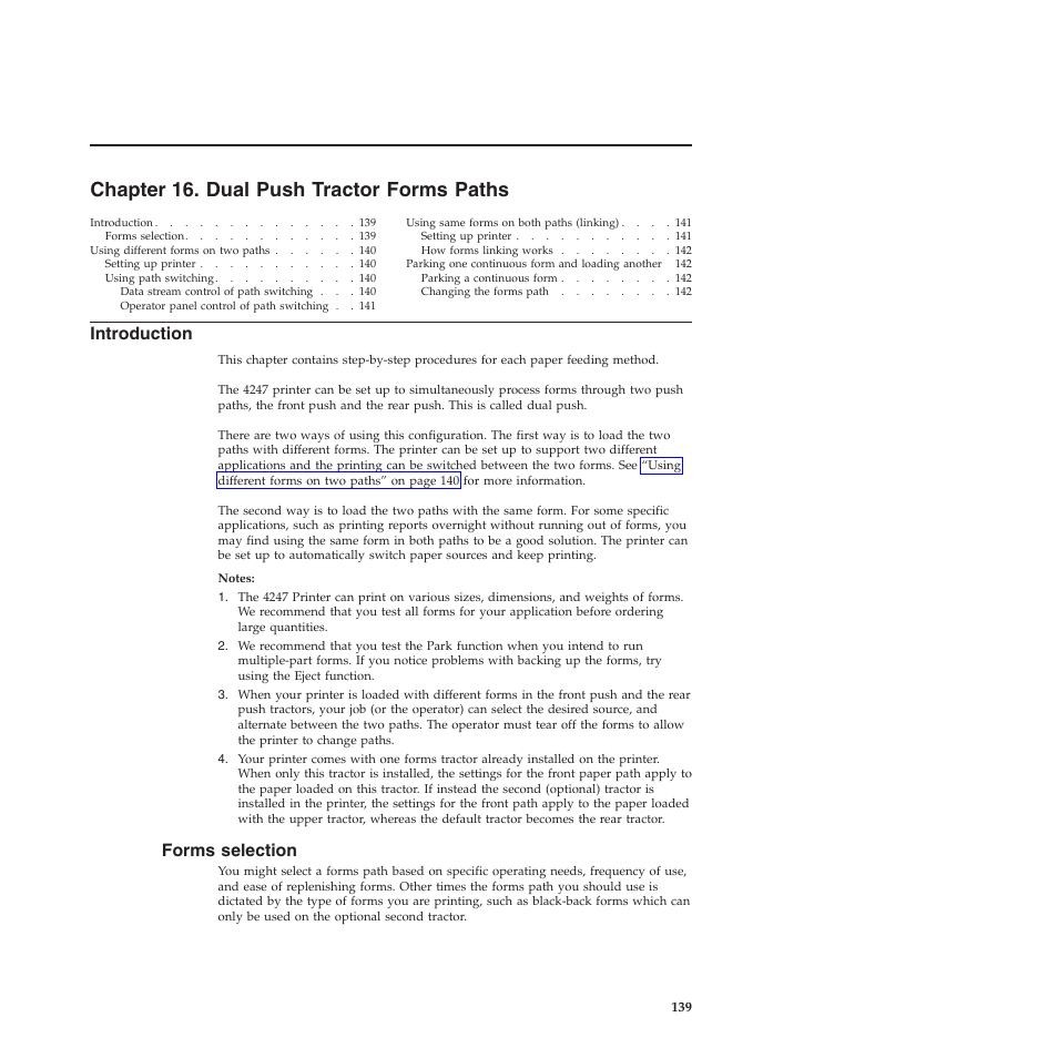 Chapter 16. dual push tractor forms paths, Introduction, Forms selection | Chapter 16, “dual push tractor forms paths | Compuprint 4247-Z03 User Manual | Page 155 / 204