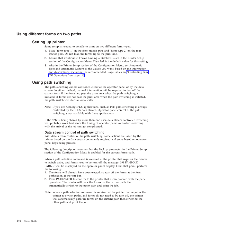 Using different forms on two paths, Setting up printer, Using path switching | Data stream control of path switching | Compuprint 4247-Z03 User Manual | Page 156 / 204