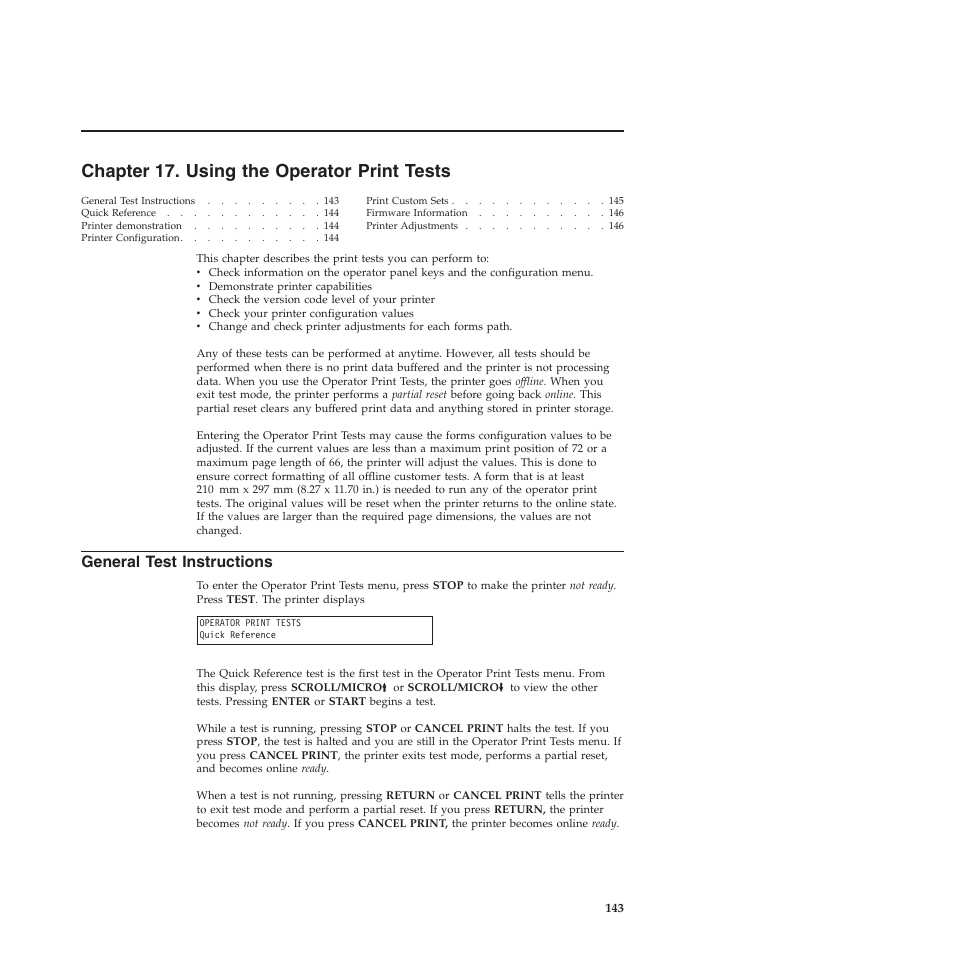 Chapter 17. using the operator print tests, General test instructions, Chapter 17, “using the operator print tests | Compuprint 4247-Z03 User Manual | Page 159 / 204