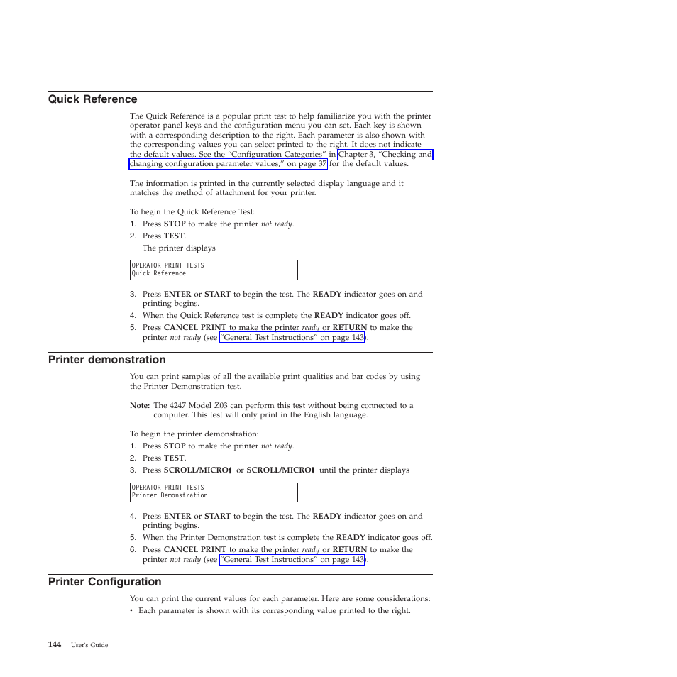 Quick reference, Printer demonstration, Printer configuration | Compuprint 4247-Z03 User Manual | Page 160 / 204