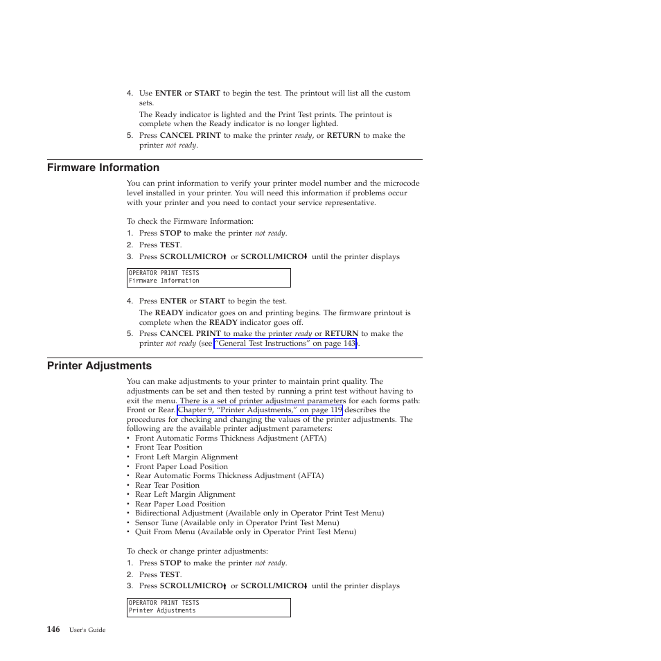 Firmware information, Printer adjustments | Compuprint 4247-Z03 User Manual | Page 162 / 204