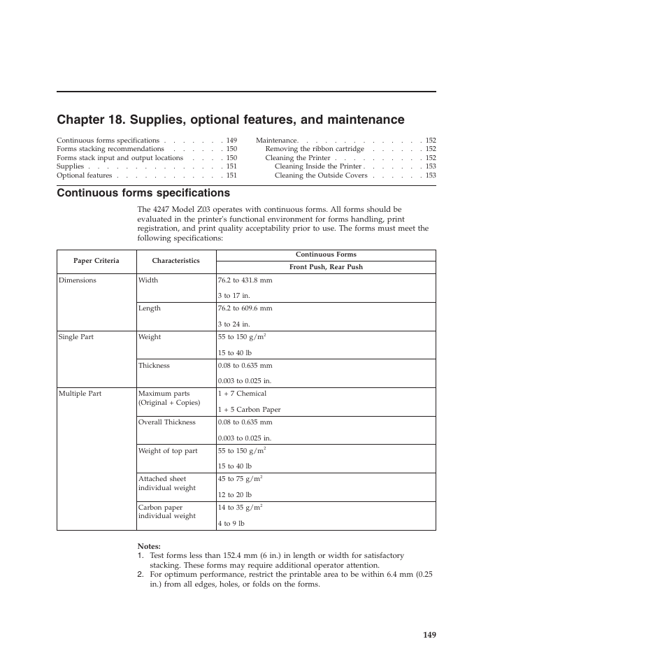 Continuous forms specifications | Compuprint 4247-Z03 User Manual | Page 165 / 204