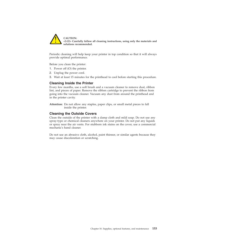 Cleaning inside the printer, Cleaning the outside covers | Compuprint 4247-Z03 User Manual | Page 169 / 204