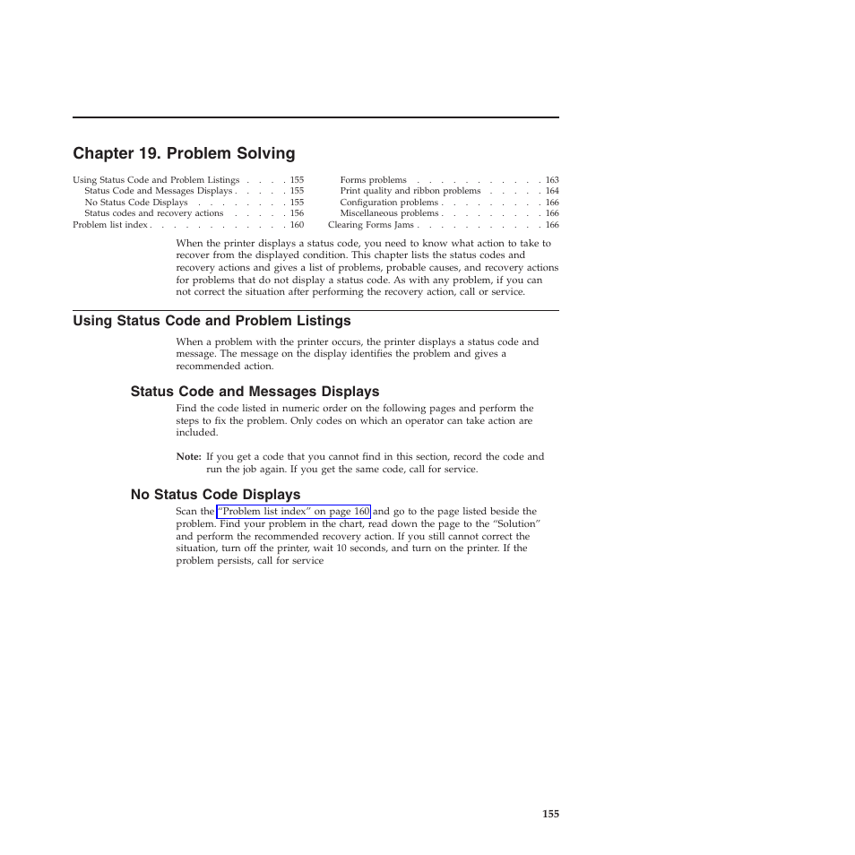 Chapter 19. problem solving, Using status code and problem listings, Status code and messages displays | No status code displays, Chapter 19, “problem solving | Compuprint 4247-Z03 User Manual | Page 171 / 204