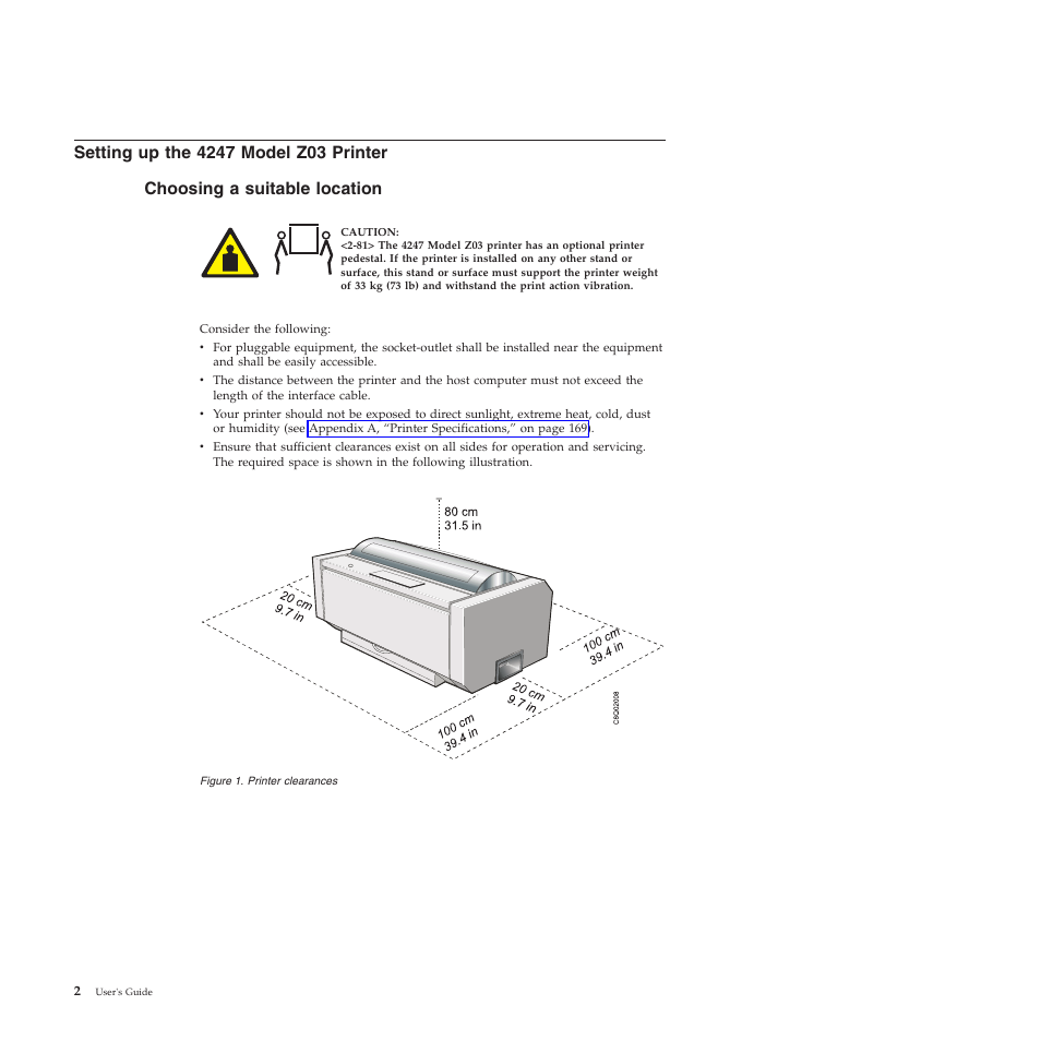 Setting up the 4247 model z03 printer, Choosing a suitable location, Printer clearances | Compuprint 4247-Z03 User Manual | Page 18 / 204