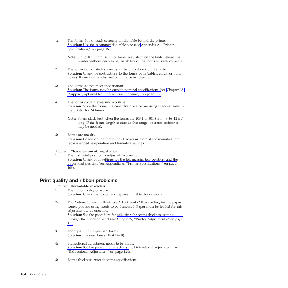 Print quality and ribbon problems, Characters off registration, Unreadable characters | Forms do not stack correctly (table), Forms do not stack correctly (rack), The forms do not meet specifications, Forms contain excessive moisture, Forms too dry, First print position is adjusted incorrectly, Ribbon dry or worn | Compuprint 4247-Z03 User Manual | Page 180 / 204