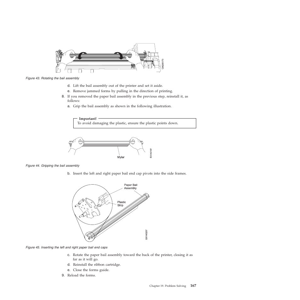 Rotating the bail assembly, Gripping the bail assembly, Inserting the left and right paper bail end caps | Compuprint 4247-Z03 User Manual | Page 183 / 204