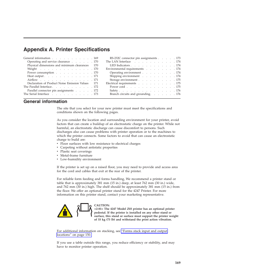 Appendix a. printer specifications, General information, Appendix a, “printer specifications | Compuprint 4247-Z03 User Manual | Page 185 / 204