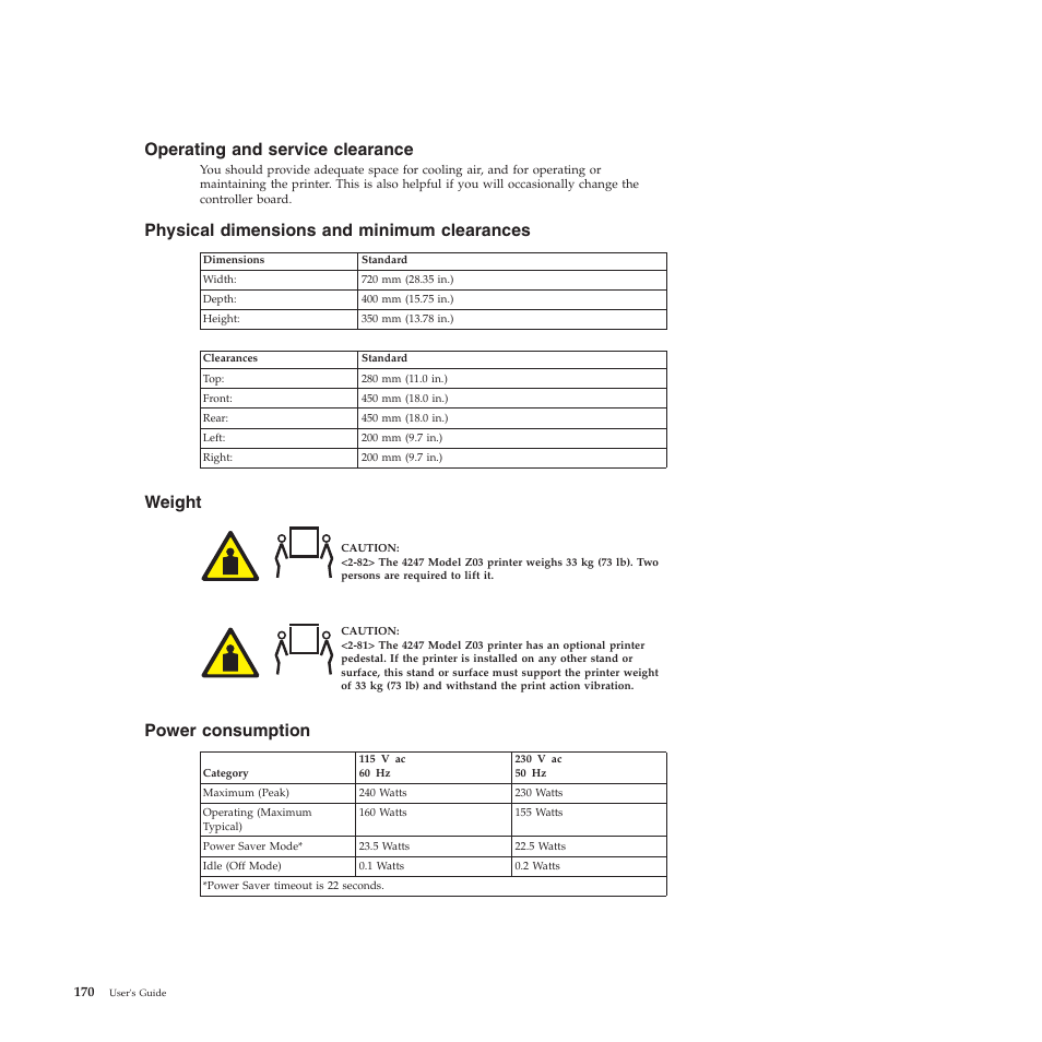 Operating and service clearance, Physical dimensions and minimum clearances, Weight | Power consumption | Compuprint 4247-Z03 User Manual | Page 186 / 204