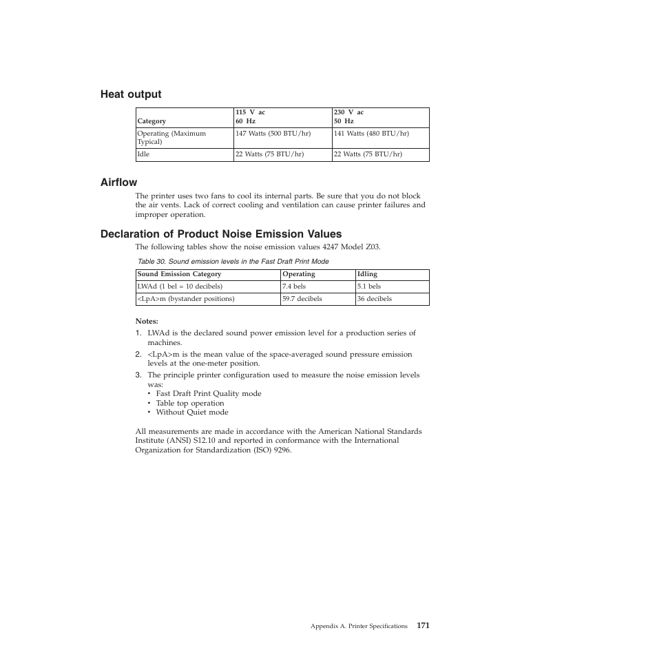 Heat output, Airflow, Declaration of product noise emission values | Sound emission levels in the fast draft print mode | Compuprint 4247-Z03 User Manual | Page 187 / 204