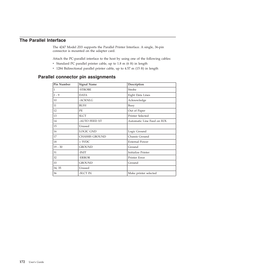 The parallel interface, Parallel connector pin assignments | Compuprint 4247-Z03 User Manual | Page 188 / 204