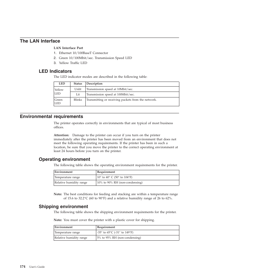 The lan interface, Led indicators, Environmental requirements | Operating environment, Shipping environment | Compuprint 4247-Z03 User Manual | Page 190 / 204