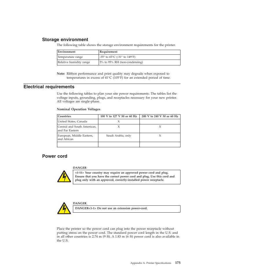 Storage environment, Electrical requirements, Power cord | Compuprint 4247-Z03 User Manual | Page 191 / 204