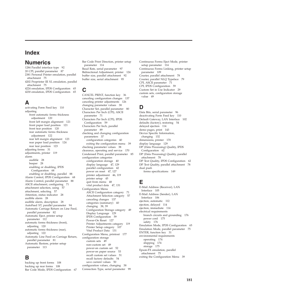 Index, Numerics, Index numerics | Compuprint 4247-Z03 User Manual | Page 197 / 204