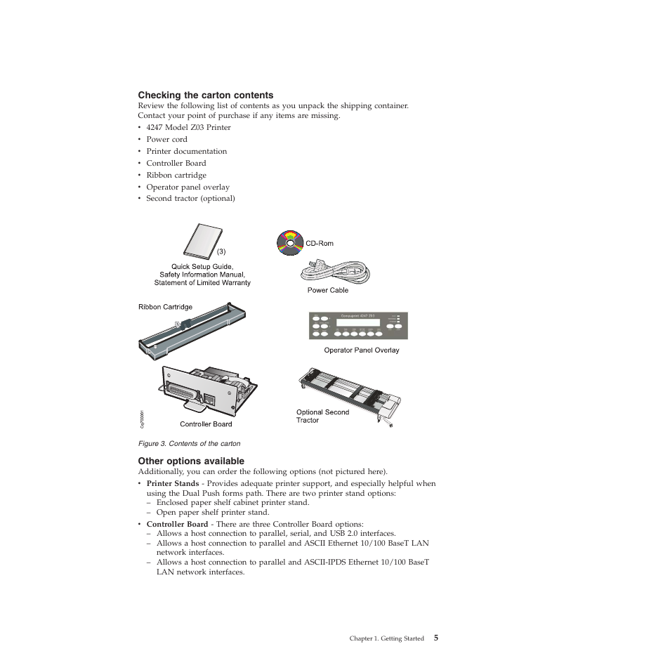 Checking the carton contents, Other options available, Contents of the carton | Compuprint 4247-Z03 User Manual | Page 21 / 204