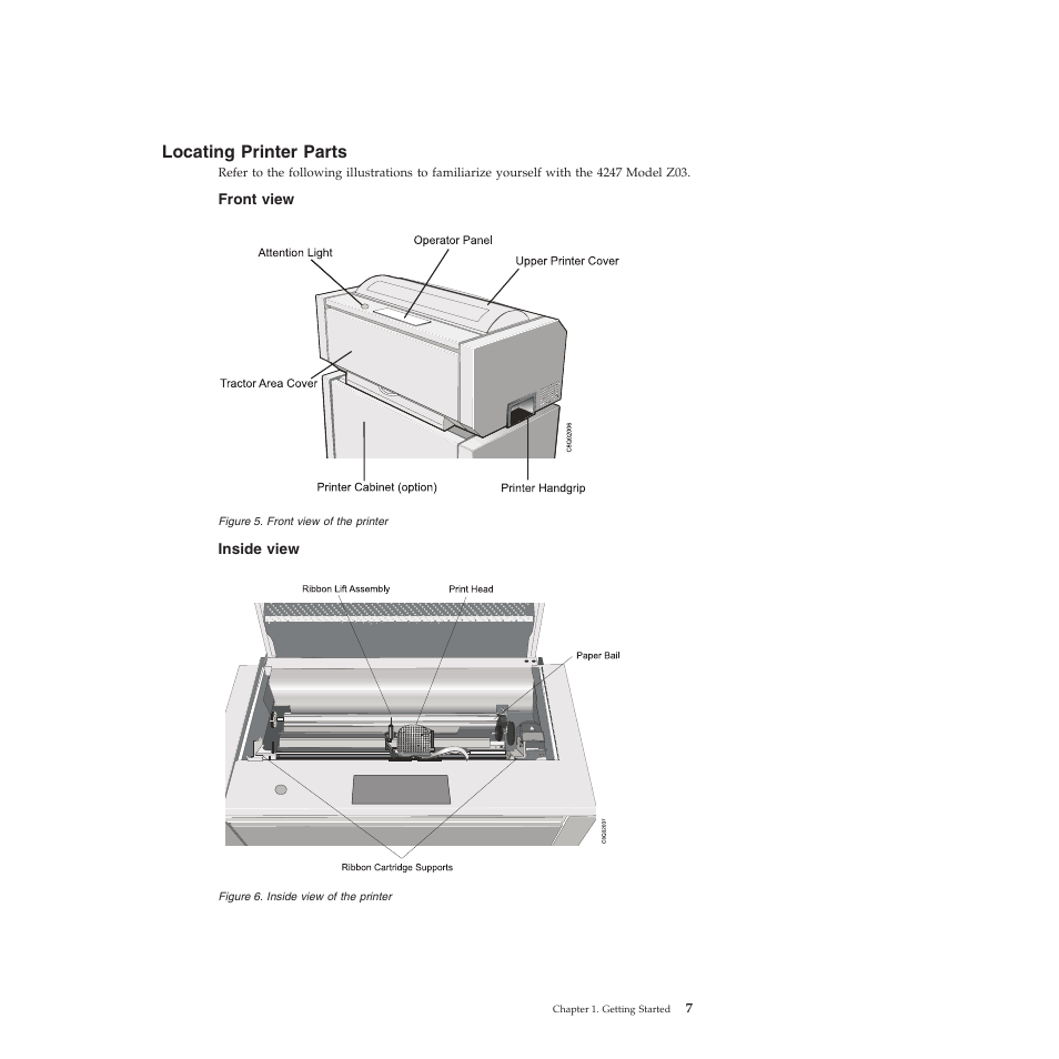 Locating printer parts, Front view, Inside view | Front view of the printer, Inside view of the printer | Compuprint 4247-Z03 User Manual | Page 23 / 204