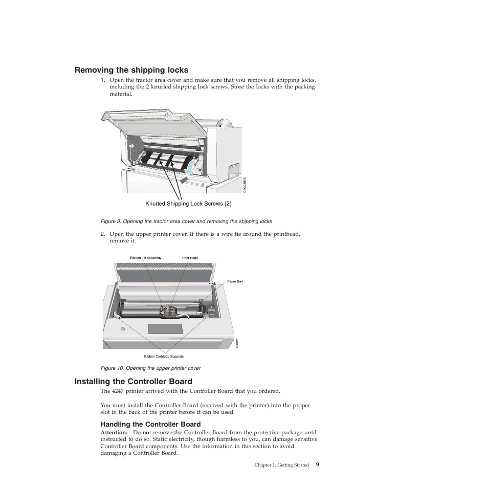 Removing the shipping locks, Installing the controller board, Handling the controller board | Opening the upper printer cover | Compuprint 4247-Z03 User Manual | Page 25 / 204