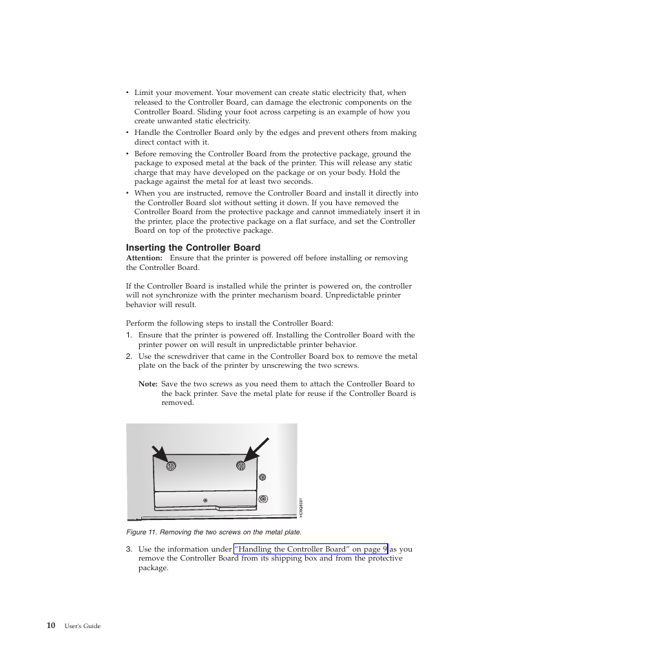 Inserting the controller board, Removing the two screws on the metal plate | Compuprint 4247-Z03 User Manual | Page 26 / 204