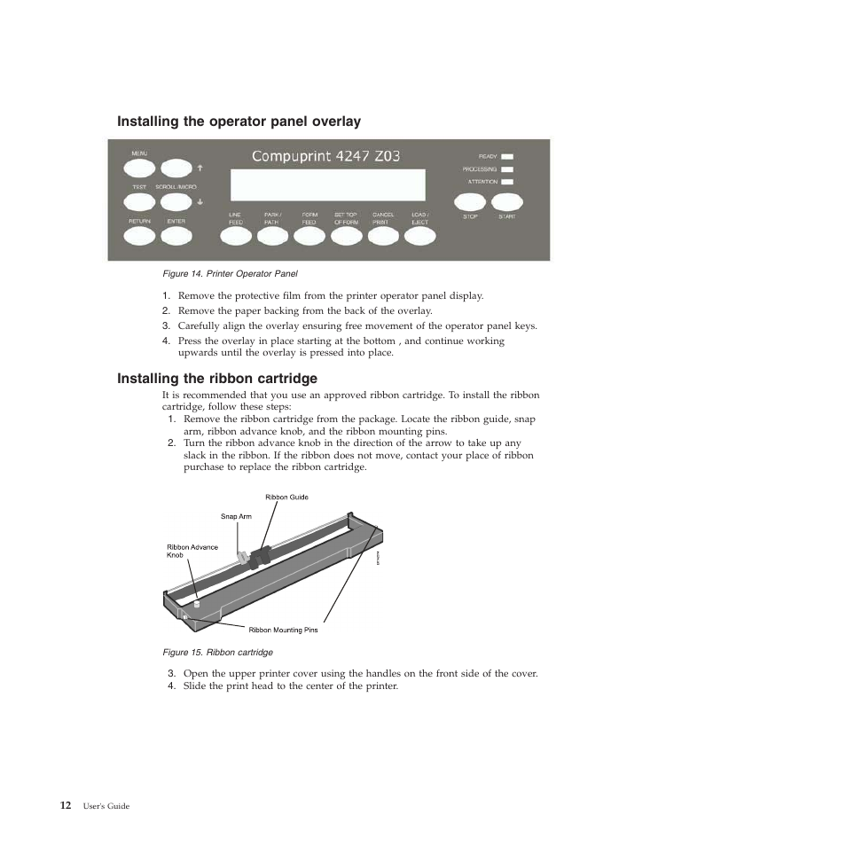 Installing the operator panel overlay, Installing the ribbon cartridge, Printer operator panel | Ribbon cartridge | Compuprint 4247-Z03 User Manual | Page 28 / 204