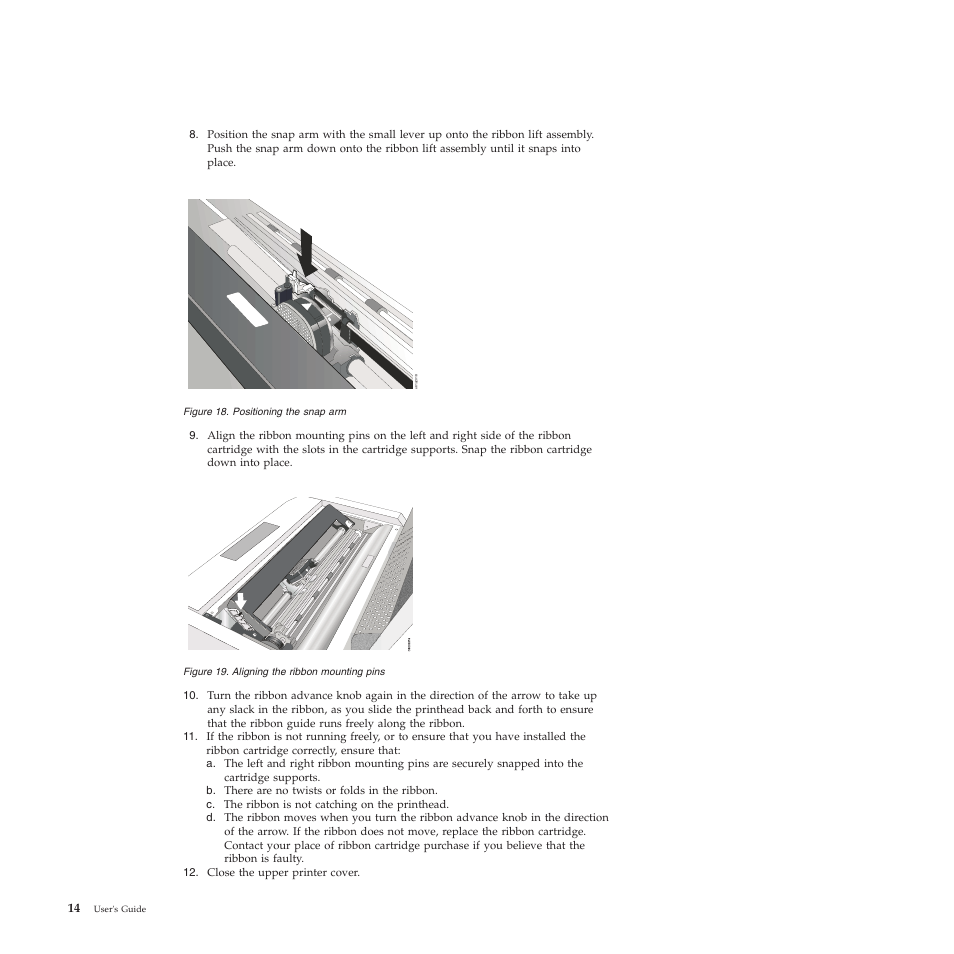 Positioning the snap arm, Aligning the ribbon mounting pins | Compuprint 4247-Z03 User Manual | Page 30 / 204