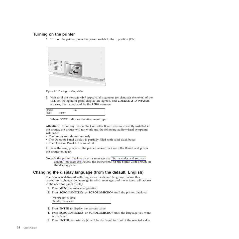 Turning on the printer | Compuprint 4247-Z03 User Manual | Page 32 / 204