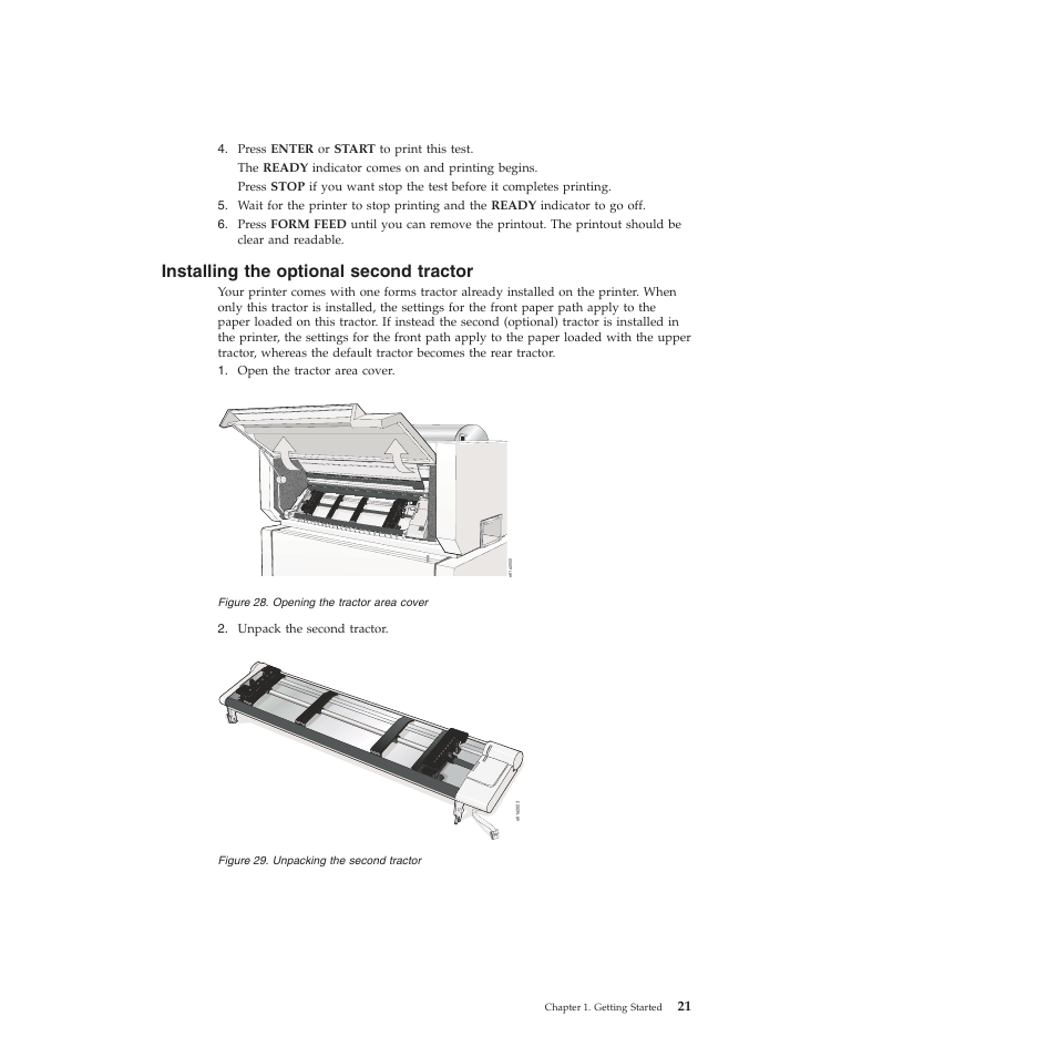 Installing the optional second tractor, Opening the tractor area cover, Unpacking the second tractor | Compuprint 4247-Z03 User Manual | Page 37 / 204