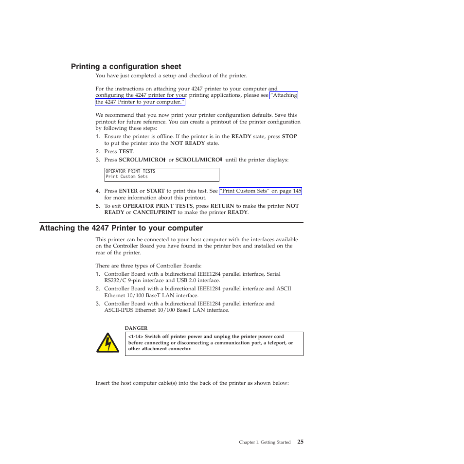 Printing a configuration sheet, Attaching the 4247 printer to your computer | Compuprint 4247-Z03 User Manual | Page 41 / 204