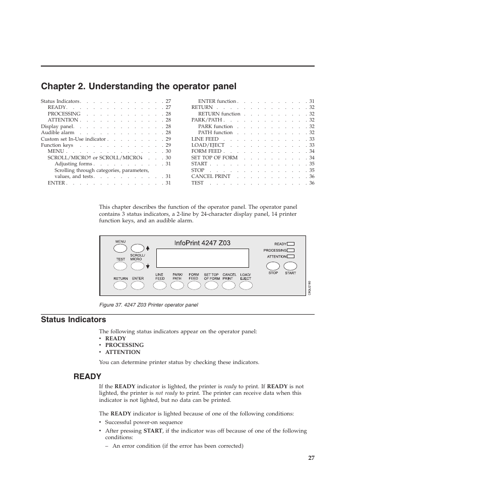 Chapter 2. understanding the operator panel, Status indicators, Ready | 4247 z03 printer operator panel, Chapter 2, “understanding the operator panel | Compuprint 4247-Z03 User Manual | Page 43 / 204