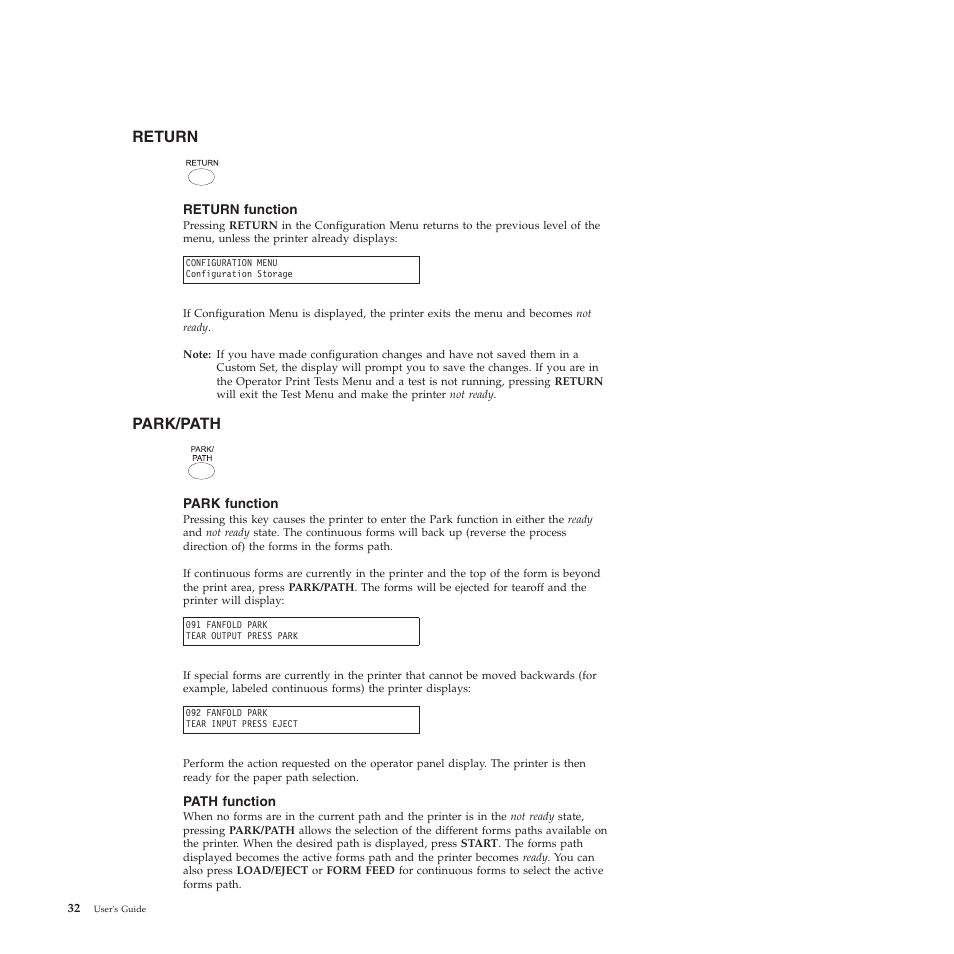 Return, Return function, Park/path | Park function, Path function | Compuprint 4247-Z03 User Manual | Page 48 / 204