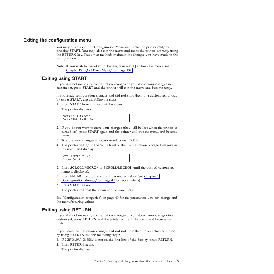 Exiting the configuration menu, Exiting using start, Exiting using return | Compuprint 4247-Z03 User Manual | Page 55 / 204