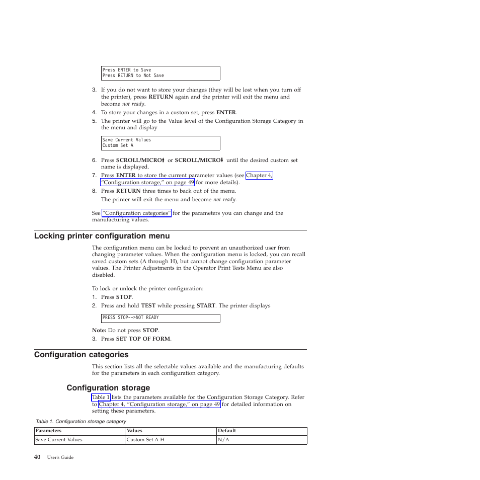 Locking printer configuration menu, Configuration categories, Configuration storage | Configuration storage category | Compuprint 4247-Z03 User Manual | Page 56 / 204