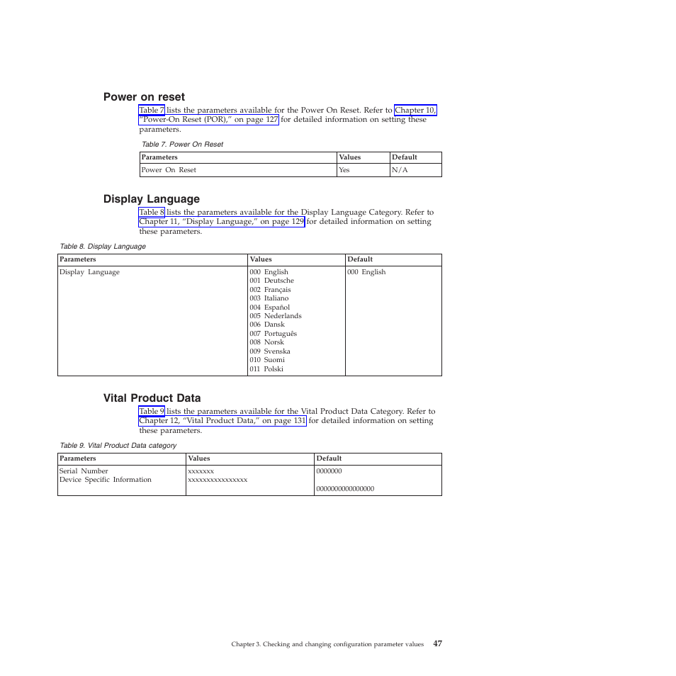 Power on reset, Display language, Vital product data | Vital product data category | Compuprint 4247-Z03 User Manual | Page 63 / 204