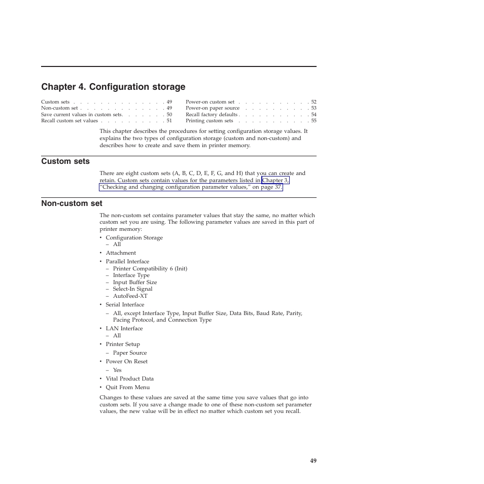 Chapter 4. configuration storage, Custom sets, Non-custom set | Chapter 4, “configuration storage | Compuprint 4247-Z03 User Manual | Page 65 / 204