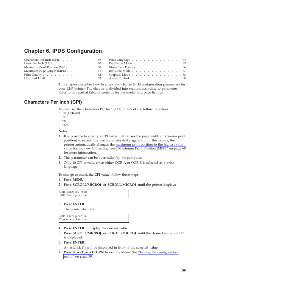 Chapter 6. ipds configuration, Characters per inch (cpi), Chapter 6, “ipds configuration | Compuprint 4247-Z03 User Manual | Page 75 / 204