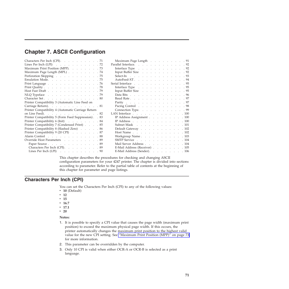 Chapter 7. ascii configuration, Characters per inch (cpi), Chapter 7, “ascii configuration | Compuprint 4247-Z03 User Manual | Page 87 / 204