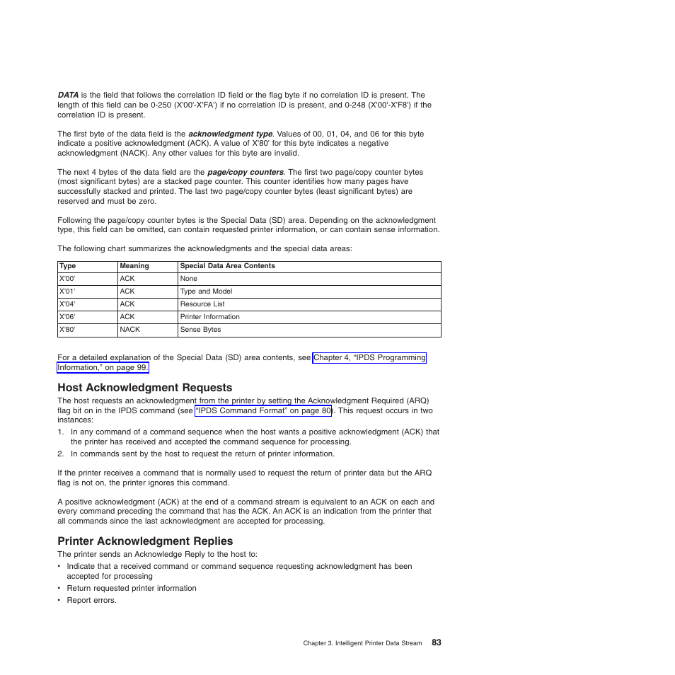 Host acknowledgment requests, Printer acknowledgment replies | Compuprint 4247-Z03 Programmer Manual User Manual | Page 103 / 380