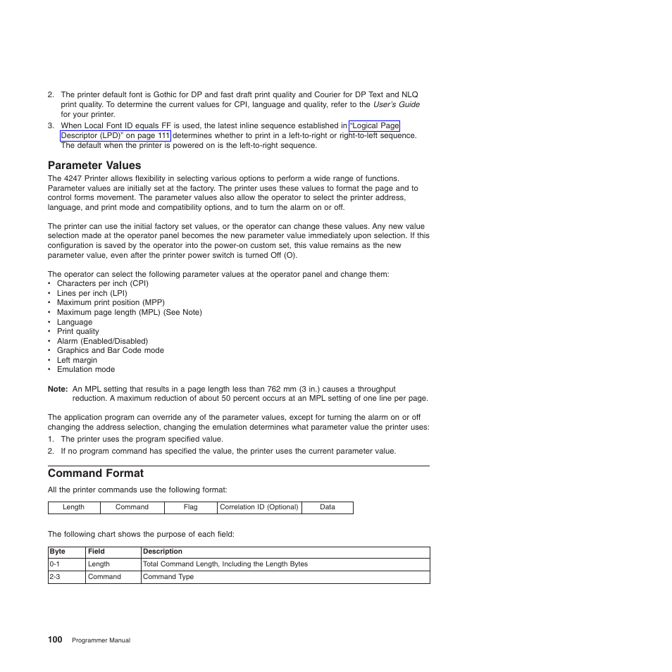 Parameter values, Command format | Compuprint 4247-Z03 Programmer Manual User Manual | Page 120 / 380