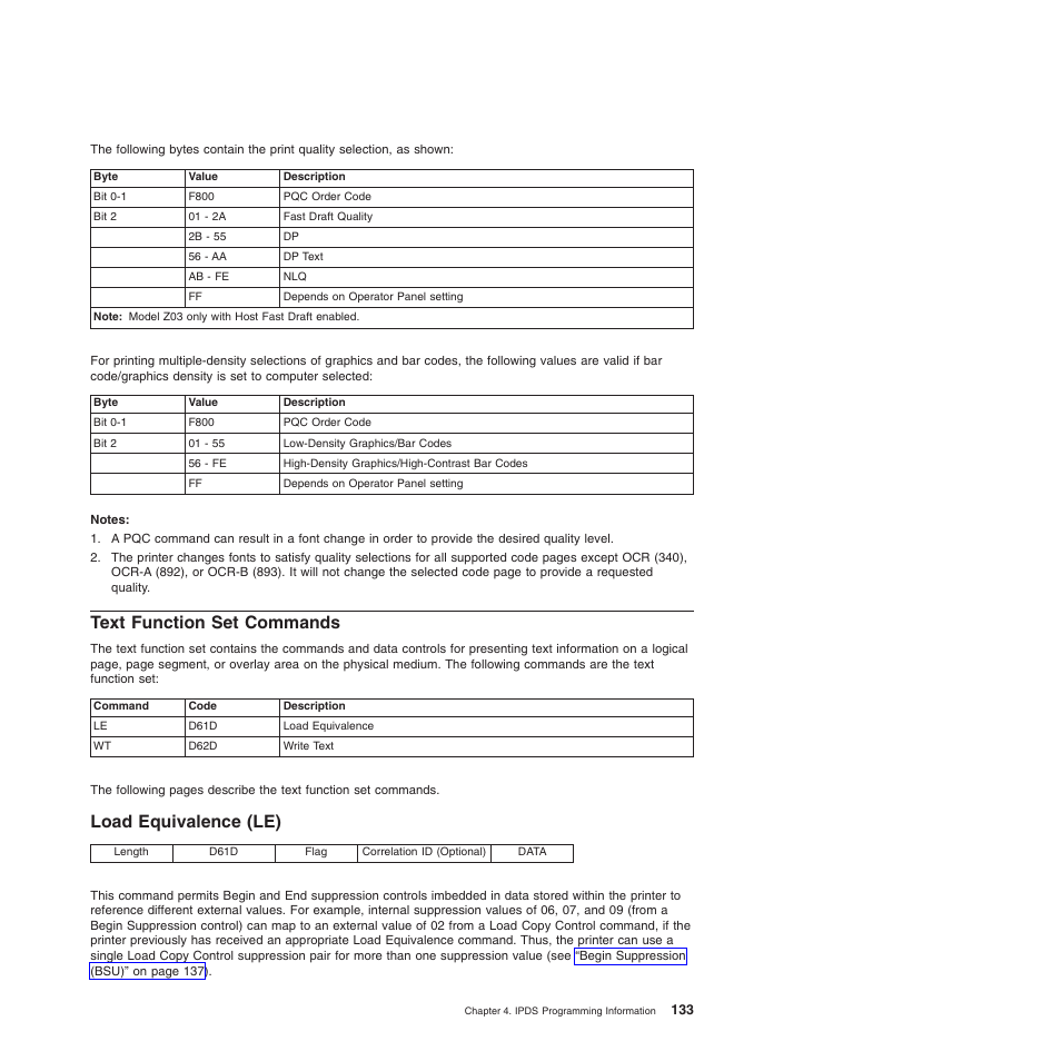 Text function set commands, Load equivalence (le) | Compuprint 4247-Z03 Programmer Manual User Manual | Page 153 / 380